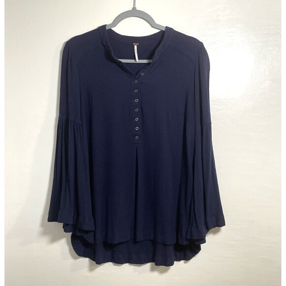 Free People Easy Girl Bell Top Dark Blue Bell Sleeve Blouse Size Medium Boho - Picture 2 of 10